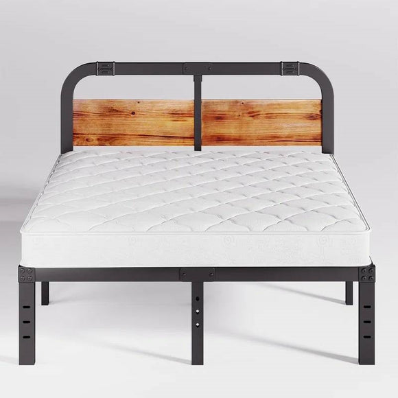 California King Heavy Duty Black Metal Bed Frame with Wood Panel Headboard