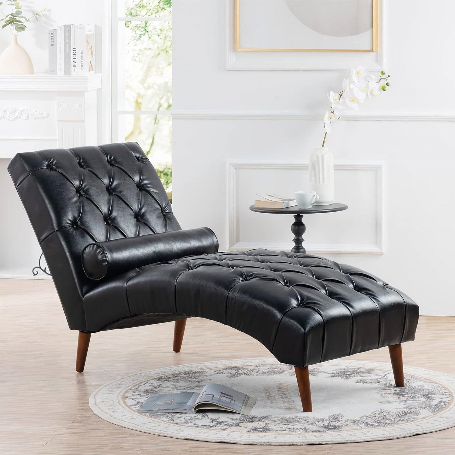 Black Faux Leather Upholstered Armless Chaise Lounge Chair with Lumbar Pillow