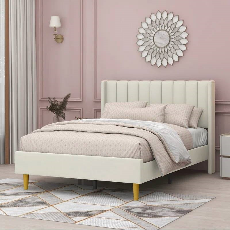 Full size Mid-Century Platform Bed Frame with Cream Velvet Upholstered Headboard