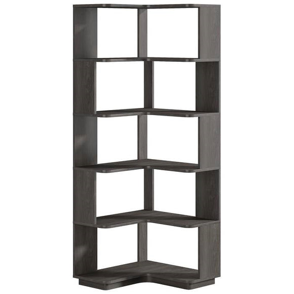 Multifunctional 6 Shelf Corner L-Shaped Bookcase in Dark Grey Wood Finish