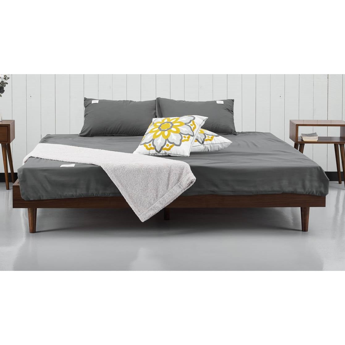 King size Mid-Century Modern Platform Bed Frame in Dark Brown Wood Finish