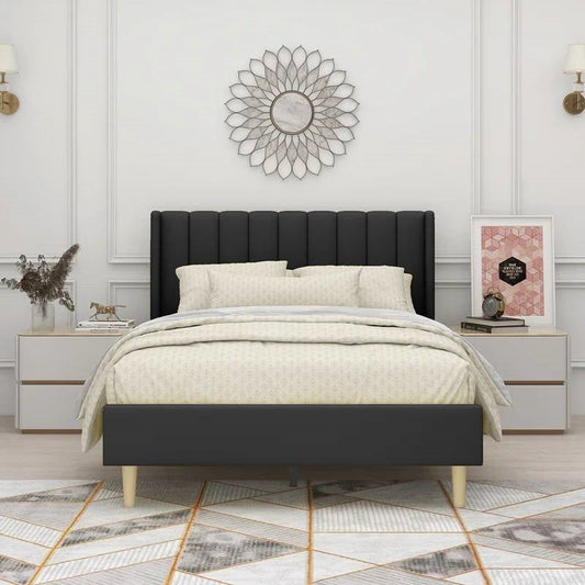 Full size Mid-Century Black Linen Platform Bed Frame with Upholstered Headboard