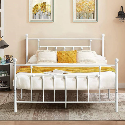 Full Vintage Style White Metal Platform Bed Frame with Headboard Footboard