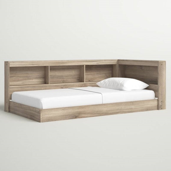 Full size Natural Wood Corner Storage Bed with Bookcase Headboard and USB Ports