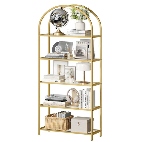 Modern Gold Metal Arched Top Display Rack Bookcase with 5 Glass Storage Shelves