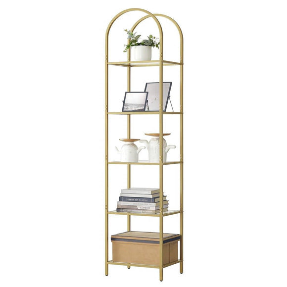 Arched Top Gold Metal Display Rack Narrow Bookcase with 5 Glass Storage Shelves