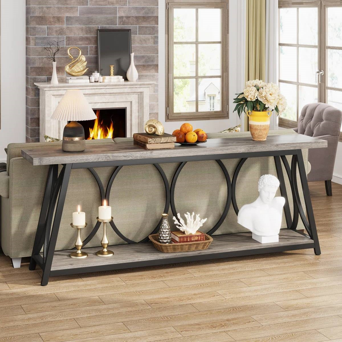 Industrial 70-inch Grey Wood Top Sofa Table with Heavy Duty Black Metal Frame
