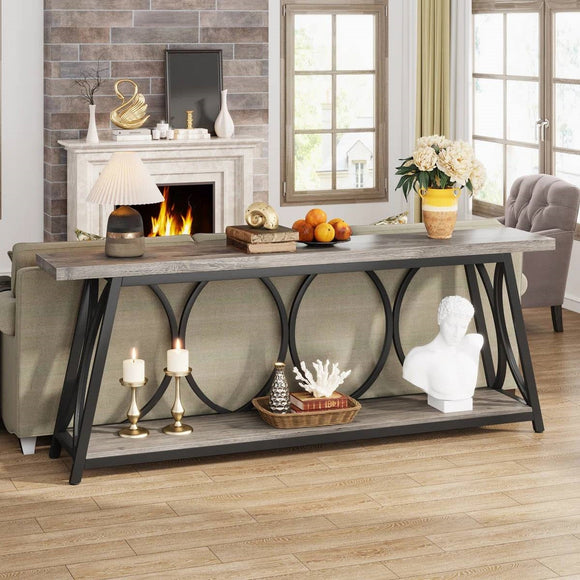Industrial 70-inch Grey Wood Top Sofa Table with Heavy Duty Black Metal Frame