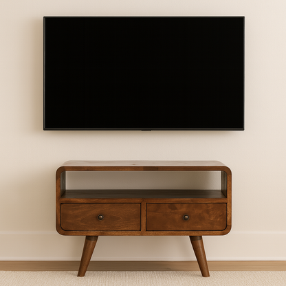 Mini Chestnut Curved Media Unit with 2 Drawers
