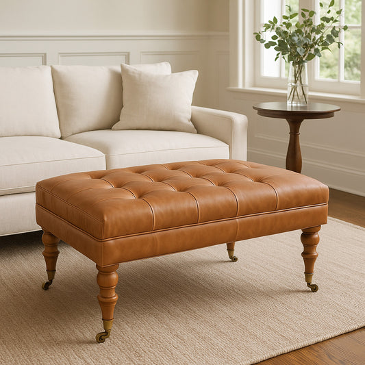 Buffalo Tan Leather Ottoman with Castor Legs