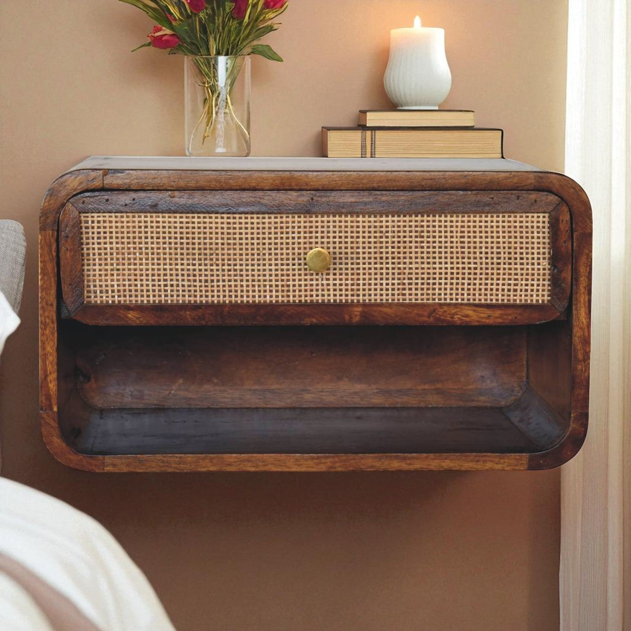 Chestnut Wall Mounted Open Woven Bedside