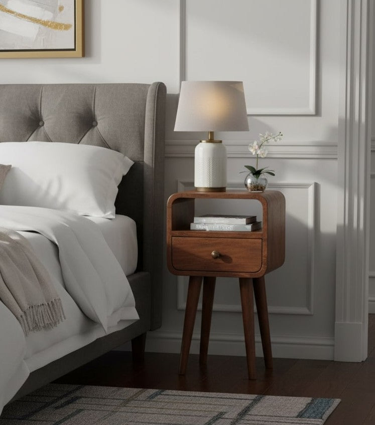 Mini Honey Caramel Curved Bedside with Open Slot