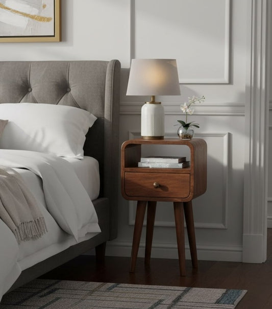 Mini Honey Caramel Curved Bedside with Open Slot