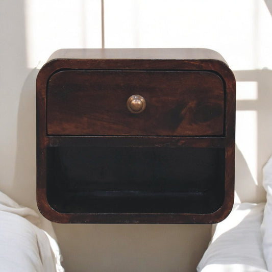 Mini Curved California Walnut Wall Mounted Bedside with Open Slot
