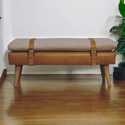 BouclÃ© Buffalo Hide Tan Leather Bench