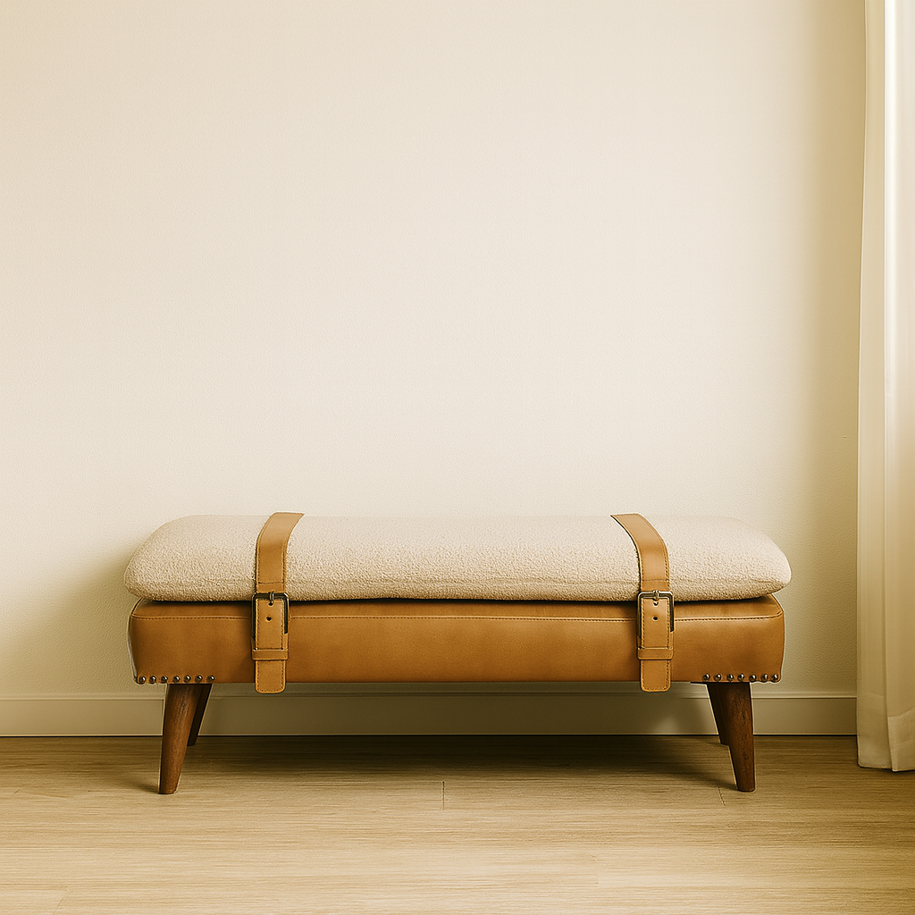 BouclÃ© Buffalo Hide Tan Leather Bench