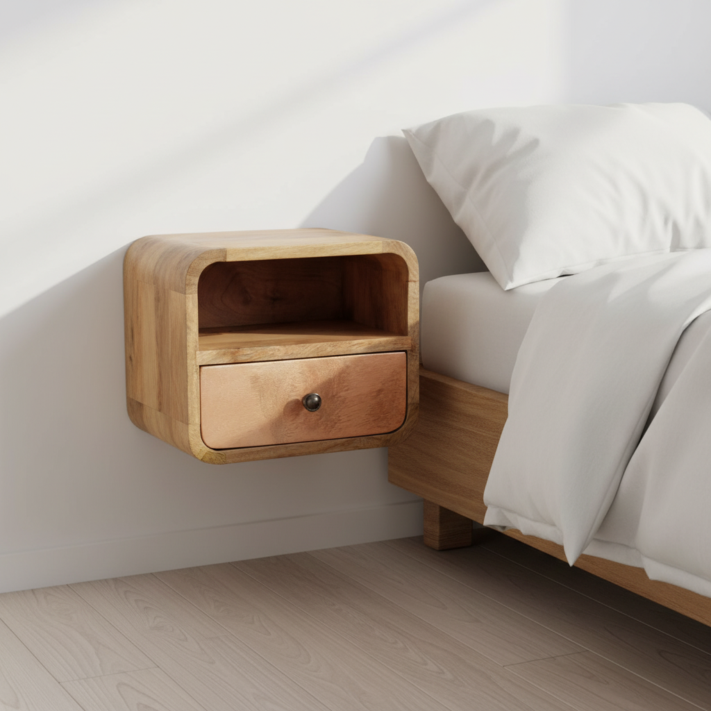 Extra Mini Wall Mounted Curved Oak-ish Bedside with Open Slot
