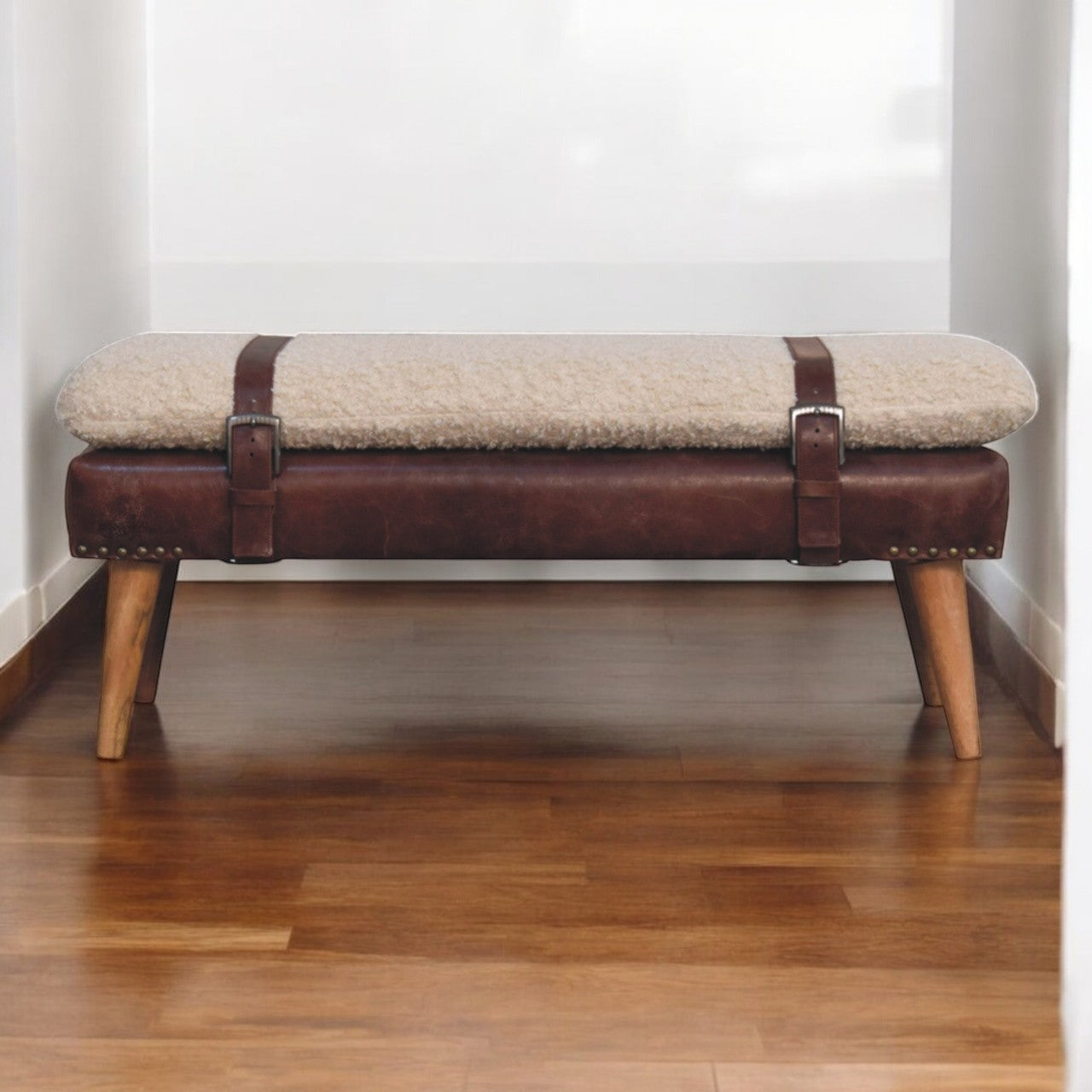 Boucle x Mahogany Leather Bench