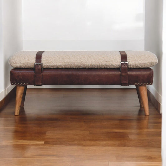 Boucle x Mahogany Leather Bench