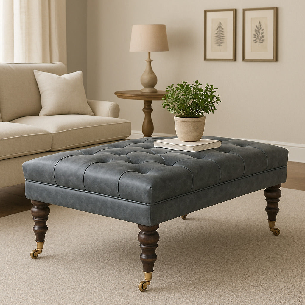 Buffalo Teal Leather Ottoman with Castor Legs