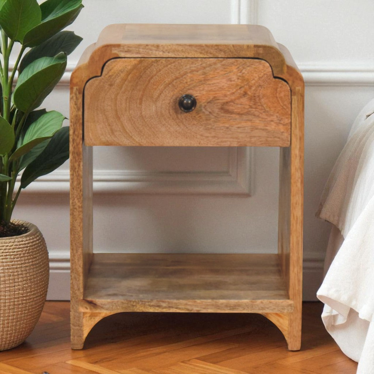 Newton Mini Oak-ish Nightstand with a drawer and open shelf