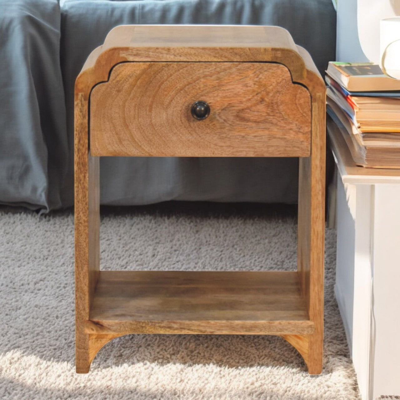 Newton Mini Oak-ish Nightstand with a drawer and open shelf