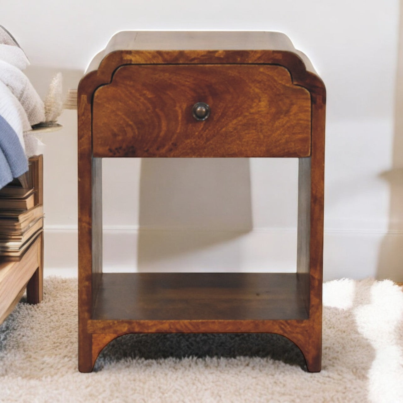 Newton Mini Chestnut Nightstand with a drawer and open shelf