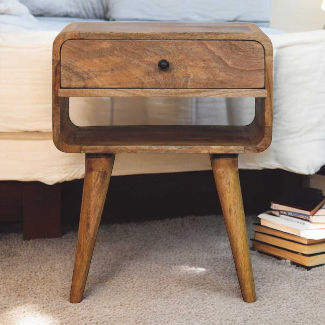 Avora Oak-ish Nightstand with Drawer and open slot