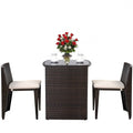 3 Piece Compact Espresso/White Wicker Patio Cushioned Outdoor Chair Table Set