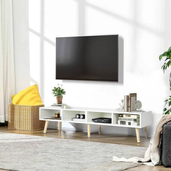 Modern Mid-Century Style TV Stand in White with Wood Legs for TVs up to 65-inch