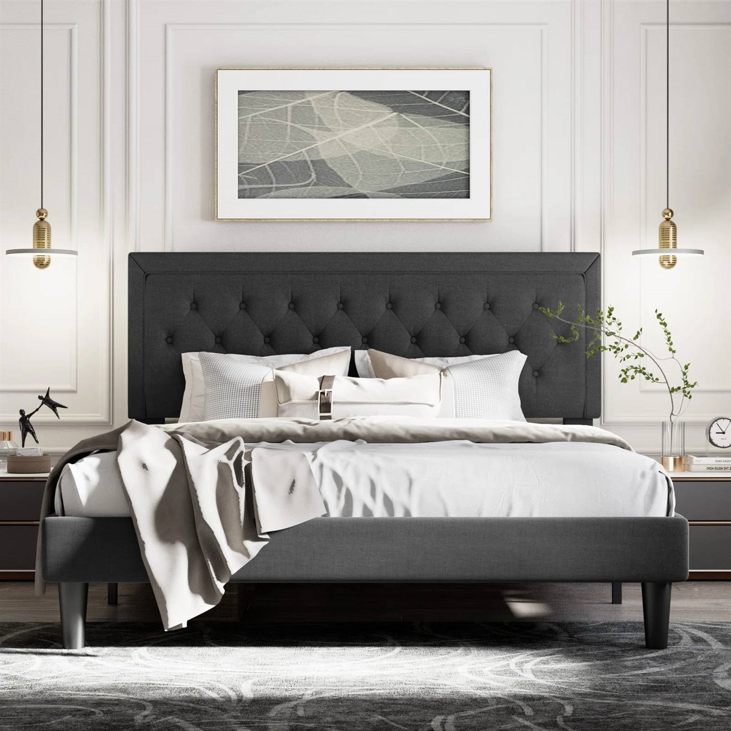King Black Linen Upholstered Platform Bed Frame with Button-Tufted Headboard