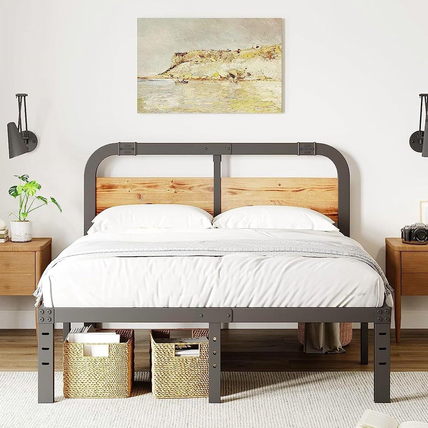 King Heavy Duty Black Metal Bed Frame with Solid Wood Panel Headboard