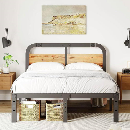 King Heavy Duty Black Metal Bed Frame with Solid Wood Panel Headboard