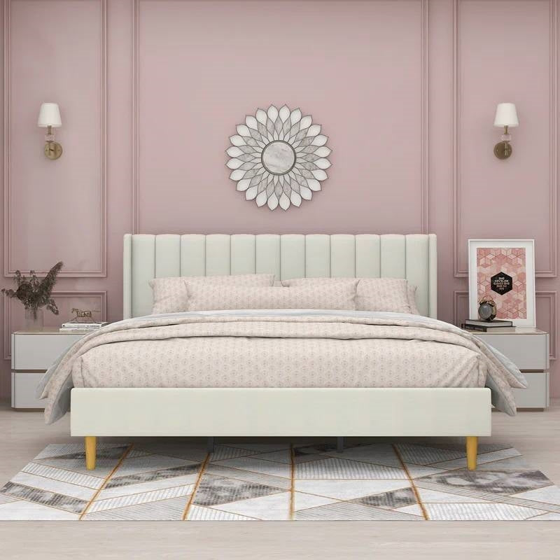 King Mid-Century Platform Bed Frame with Cream Velvet Upholstered Headboard