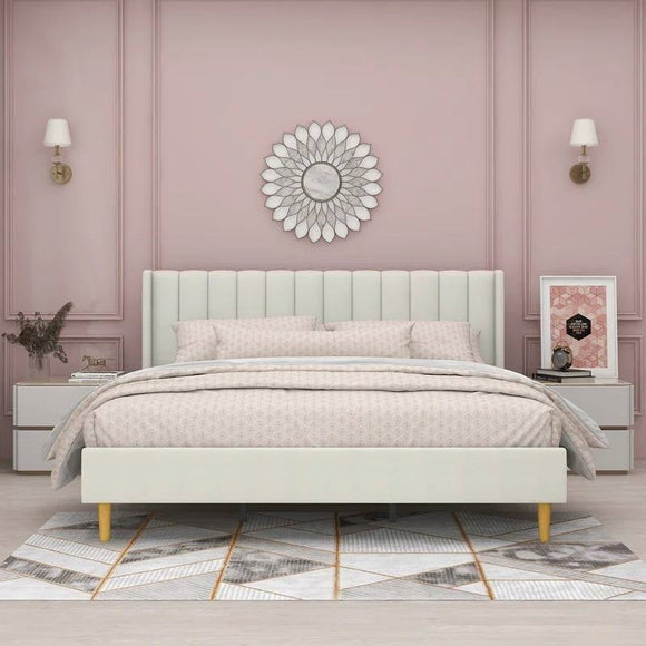 King Mid-Century Platform Bed Frame with Cream Velvet Upholstered Headboard