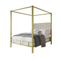 King size Gold Metal Canopy Bed with Upholstered Button-Tufted Headboard