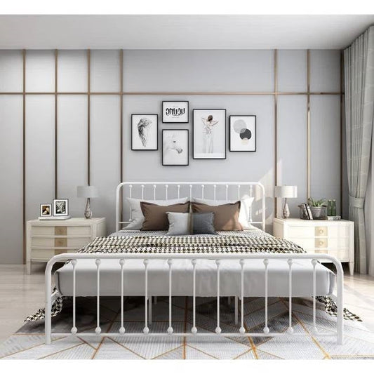 King White Metal Platform Bed Frame with Rounded Corners Headboard Footboard