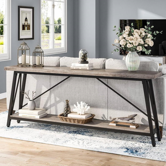 Heavy Duty 70-inch Industrial Grey Wood Top Sofa Table with Black Metal Frame