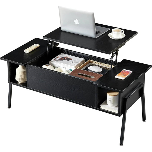 Modern Lift-Top Coffee Table Laptop Desk with Storage Shelf in Black Wood Finish