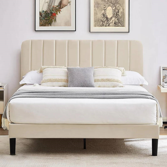 Queen size Beige Upholstered Platform Bed Frame with Headboard