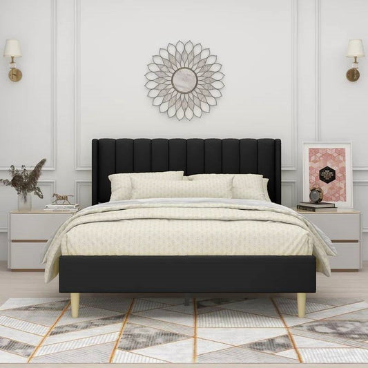 Queen size Mid-Century Black Linen Platform Bed Frame with Upholstered Headboard