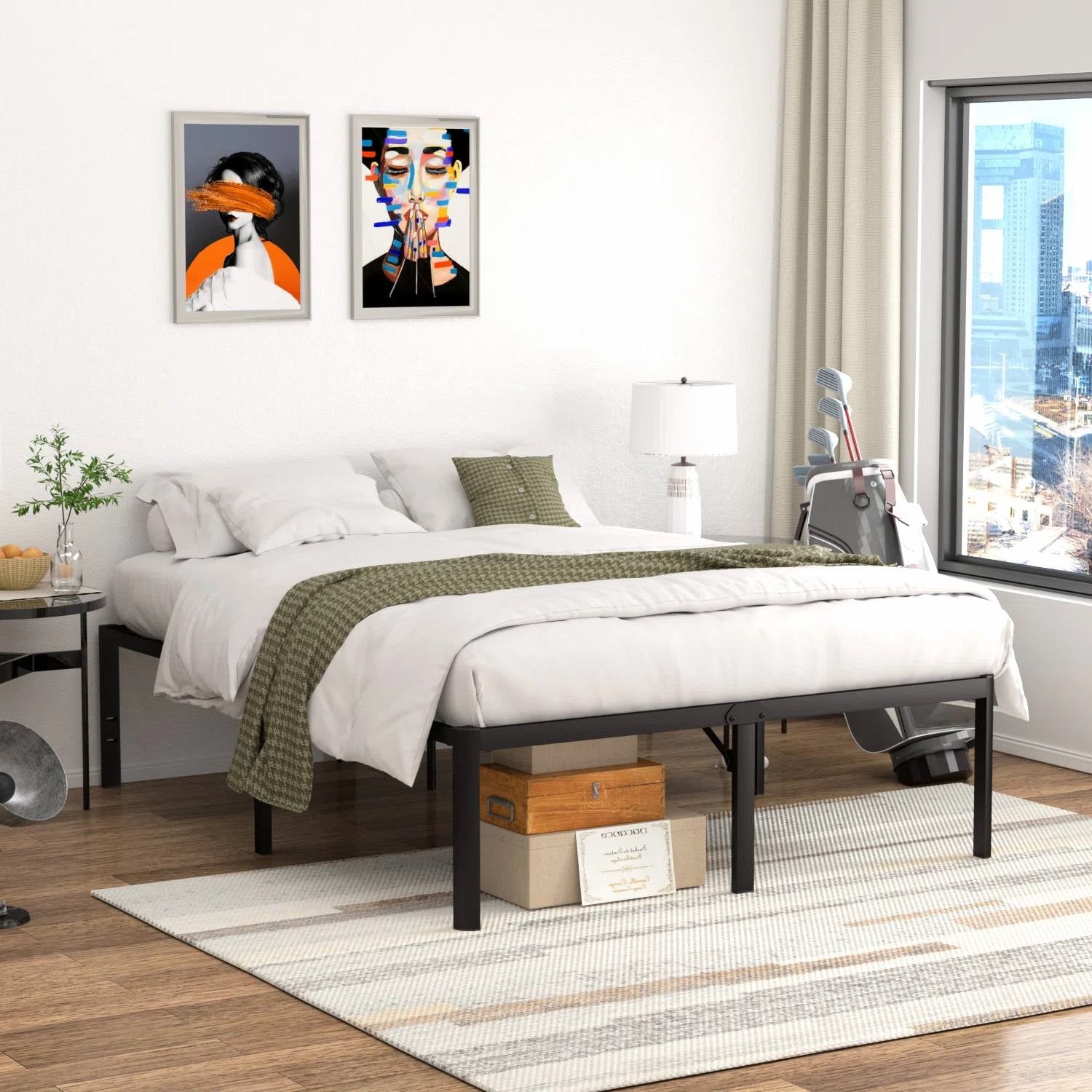 Queen 18-inch Rounded Edge Corners Metal Bed Frame with Under-bed Storage Space