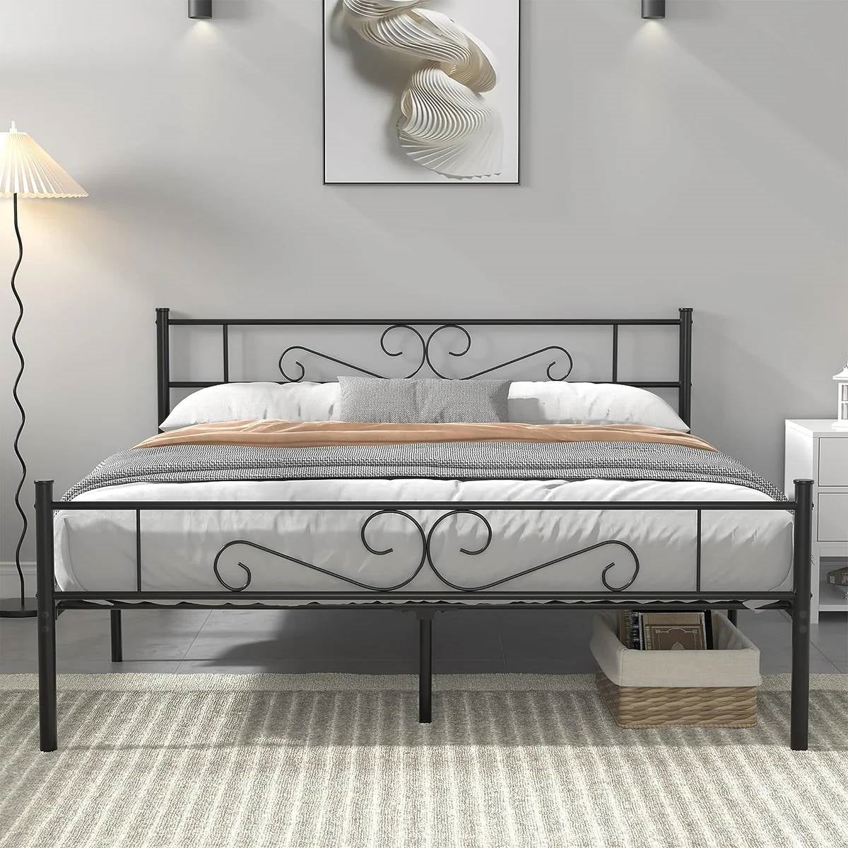 Queen Sturdy Metal Platform Bed Frame with Headboard Footboard in Black Finish