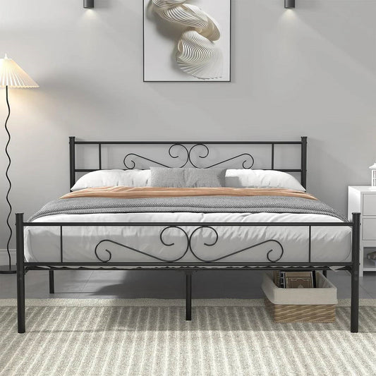 Queen Sturdy Metal Platform Bed Frame with Headboard Footboard in Black Finish