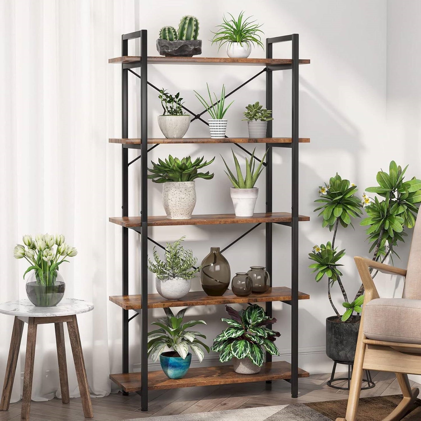 Modern Industrial 5-Shelf Bookcase with Sturdy Metal Frame and Wooden Shelves