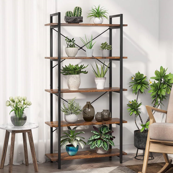 Modern Industrial 5-Shelf Bookcase with Sturdy Metal Frame and Wooden Shelves