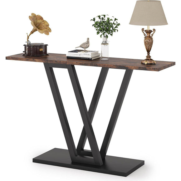 Modern 43-inch Narrow Entryway Table with Brown Wood Top and Black Metal Frame