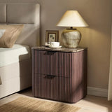 Faux Marble Top Solid Wood Nightstand with Drawers, Curved Corners, Metal Handles, Modern Bedside Table