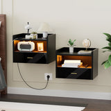 Wall-Mounted Floating Nightstand One Layer Drawer Bedside Table With  1AC Outlet/2USB LED Light Black