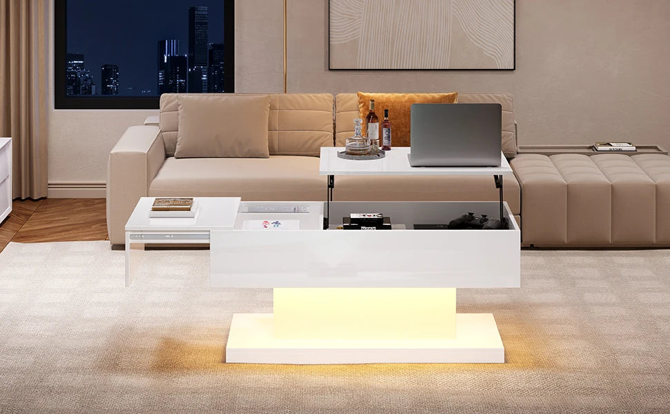 High Gloss Lift Tea Table LED Coffee Table 100x50x45cm With LED Lighting Storage Space Half-lift Table Top And Side-sliding
